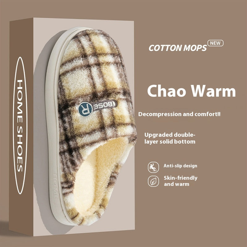 Plush Plaid Cotton House Slippers, Warm and Non-Slip