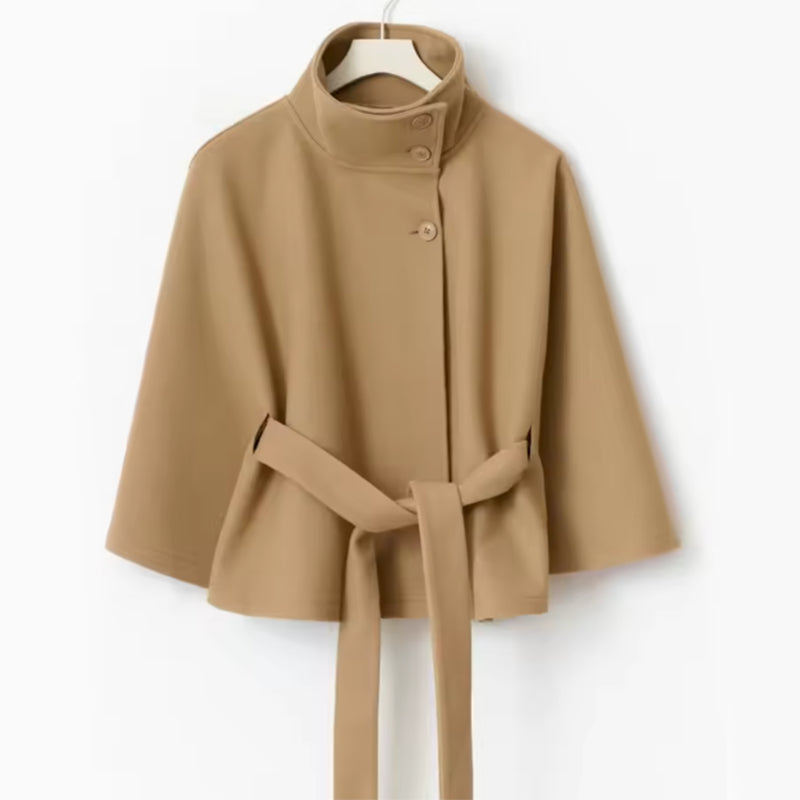 Batwing Sleeve High Neck Coat with Belt, Loose Winter Trench