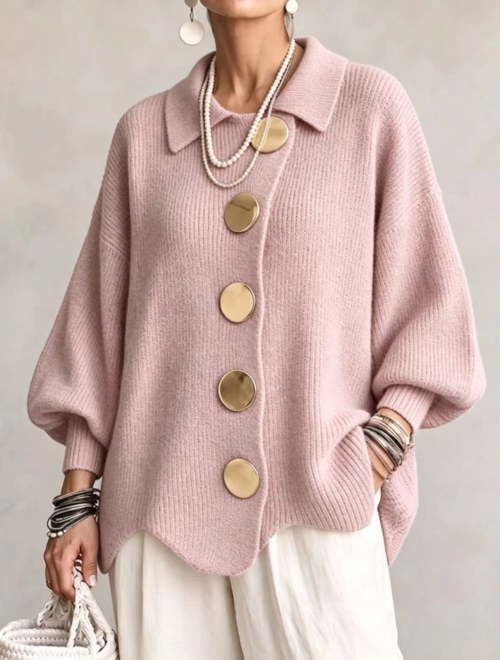 Button-Up Knit Cardigan with Lapel, Loose Fit Long Sleeve