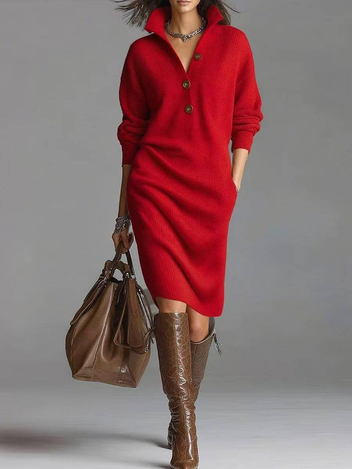 Stand Collar Sweater Dress for Women, V-Neck Button Pullover