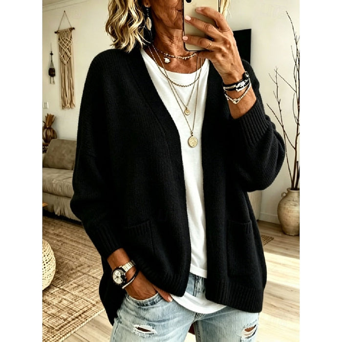Women's Open-Front Cardigan with Ribbed Cuffs and Pockets