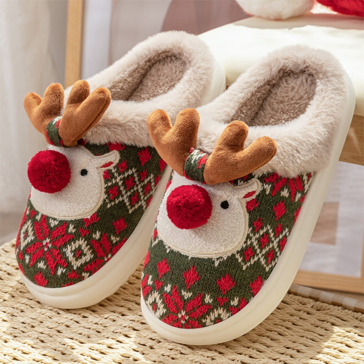 Cute Christmas Reindeer Plush Slippers, Non-Slip and Thick