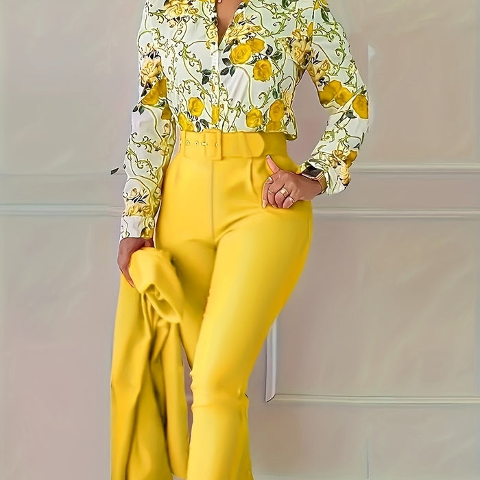 Women's Floral Blouse and High-Waist Pants Two-Piece Set