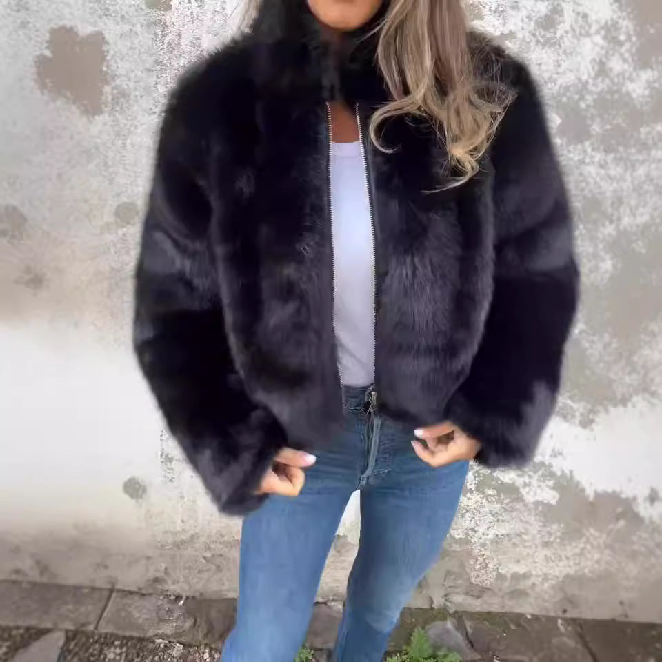 Plush fleece jacket with a stand collar and zip front