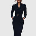 Women's Midi Dress with Belted Waist for Office Wear
