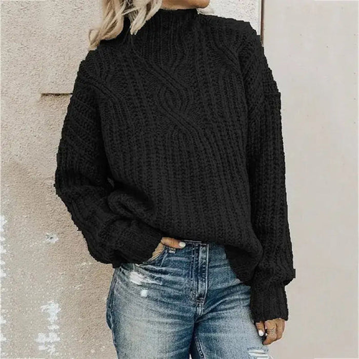 Women's Cable-Knit Turtleneck Sweater with Ribbed Cuffs