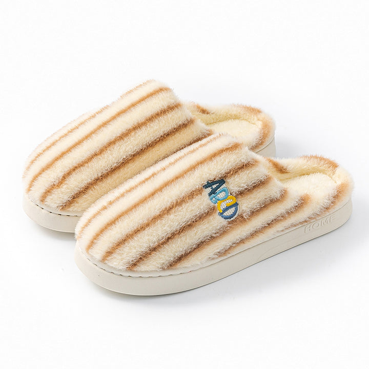 Plush Striped Letter Slippers, Winter Warm Embroidered