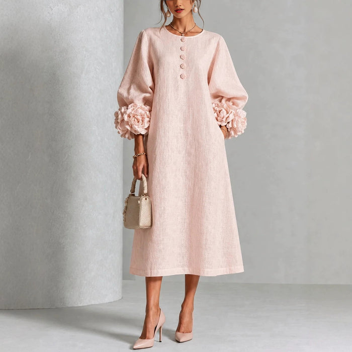 Olivia | A-Line Midi Dress with Puff Sleeves and 3D Flower Details
