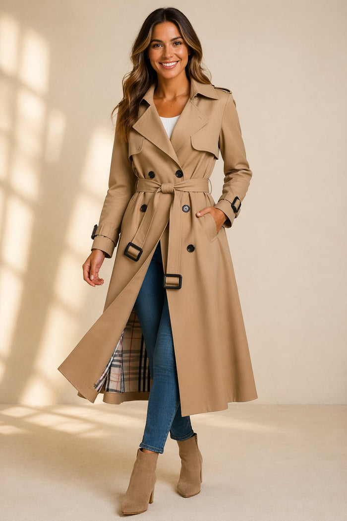 Women's Double-Breasted Trench Coat with Belted Waist