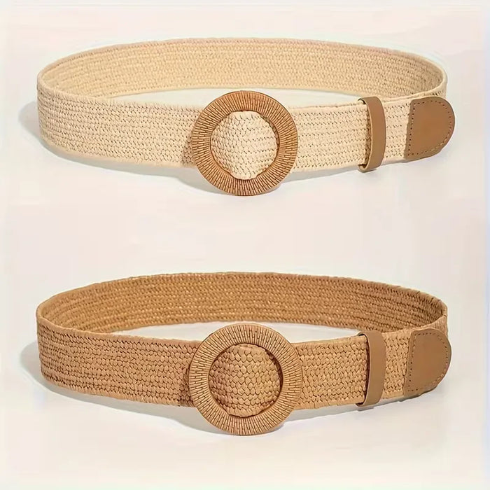Women's Wide Woven Belt with Round Buckle