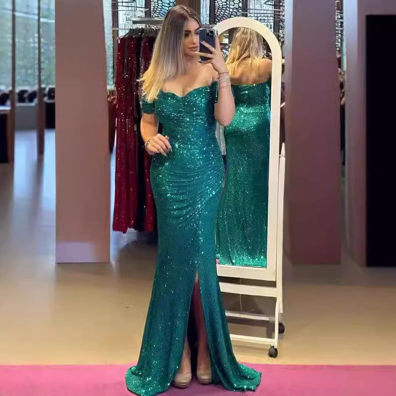 Woman in long off-shoulder sequin evening dress