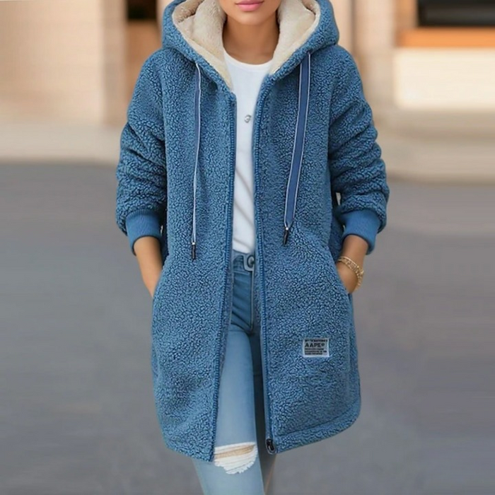 Women's Hooded Zip-Up Teddy Coat with Ribbed Cuffs