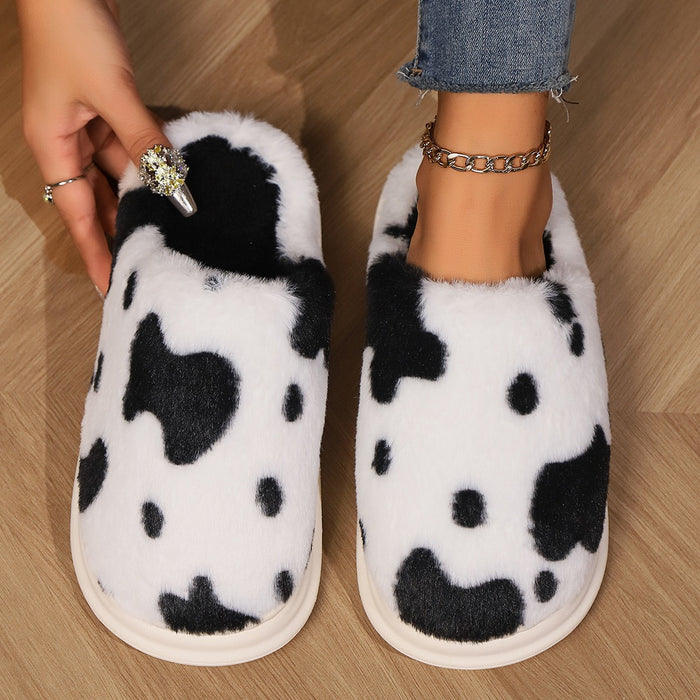 Riley | Cow Print Plush Slippers for Women, Warm and Non-Slip
