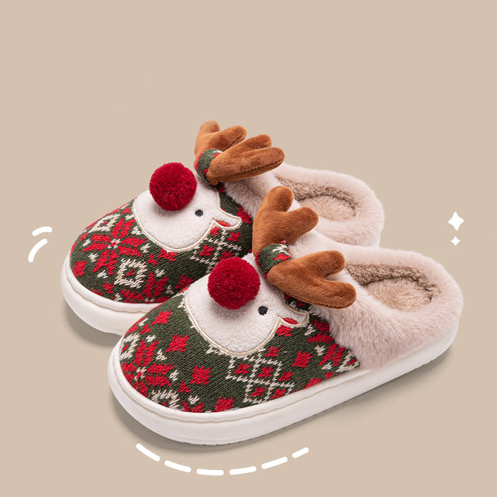 Cute Christmas Reindeer Plush Slippers, Non-Slip and Thick