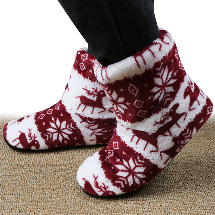 Christmas Elk Floor Sock Slippers in Coral Fleece