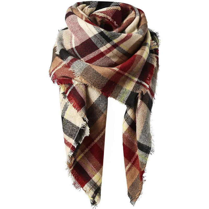 Women's Red Plaid Blanket Scarf with Tassels, Soft Shawl Wrap