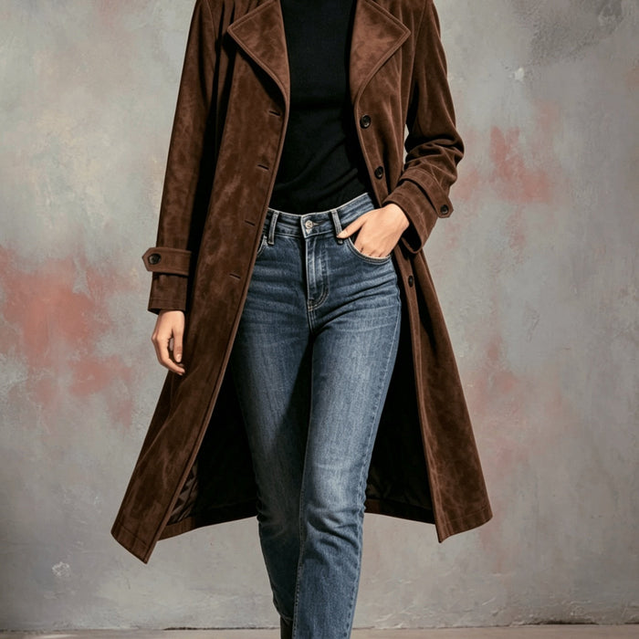 Women's Longline Coat with Notch Lapel and Button Front