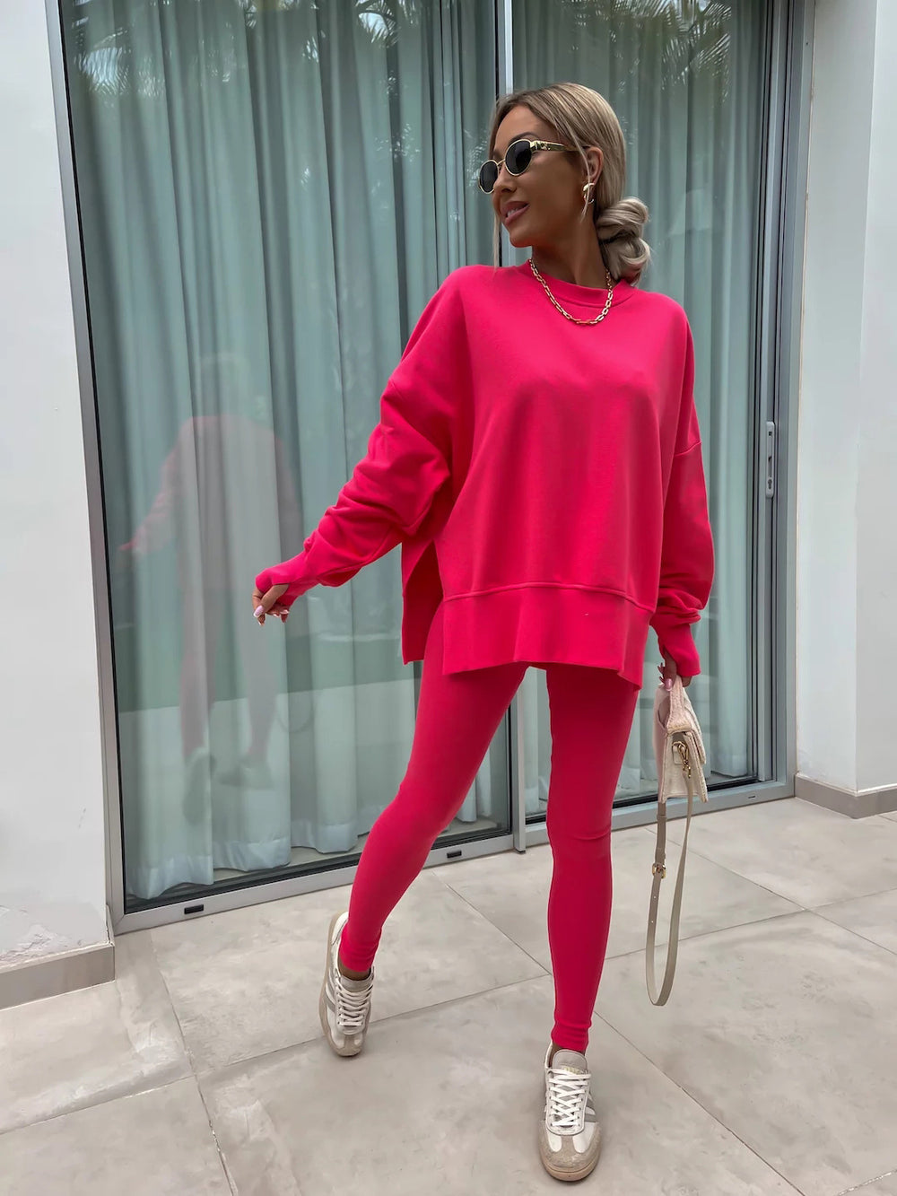 Casual Sweater Suit, Loose Crew Neck Split Top and Tight Pants
