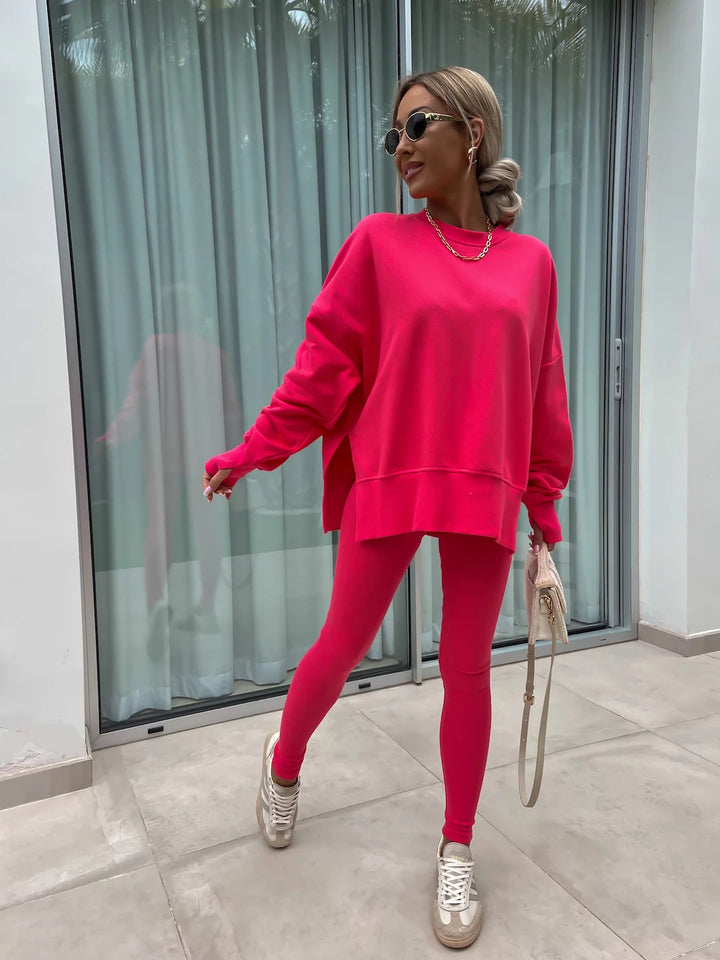 Casual Sweater Suit, Loose Crew Neck Split Top and Tight Pants