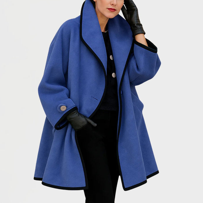 Women's Wide Lapel Coat with Contrast Trim and Buttons
