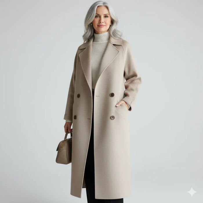 Women's Double-Breasted Notch-Lapel Long Coat Beige