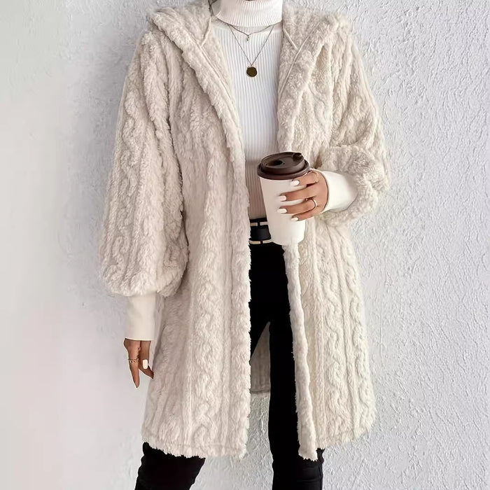 Megan | Women's Long Hooded Plush Coat with Open Front, Cardigan Style