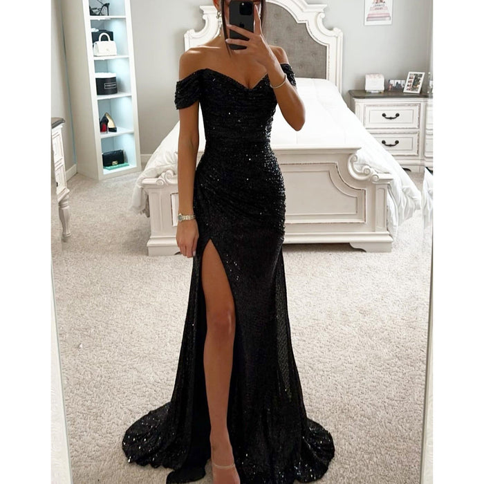 Women's Sequin Off-Shoulder Gown with High Slit