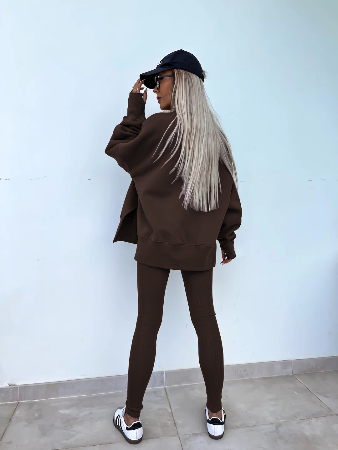 Casual Sweater Suit, Loose Crew Neck Split Top and Tight Pants