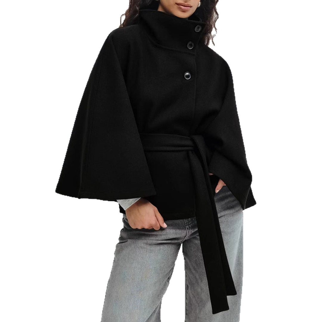 Batwing Sleeve High Neck Coat with Belt, Loose Winter Trench