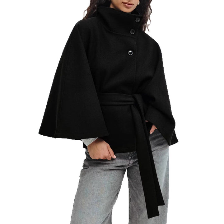 Batwing Sleeve High Neck Coat with Belt, Loose Winter Trench