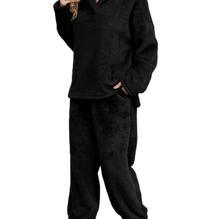 Women's Fleece Loungewear Set Shawl Collar Top and Pants