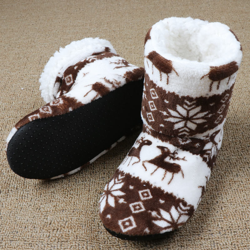 Christmas Elk Floor Sock Slippers in Coral Fleece