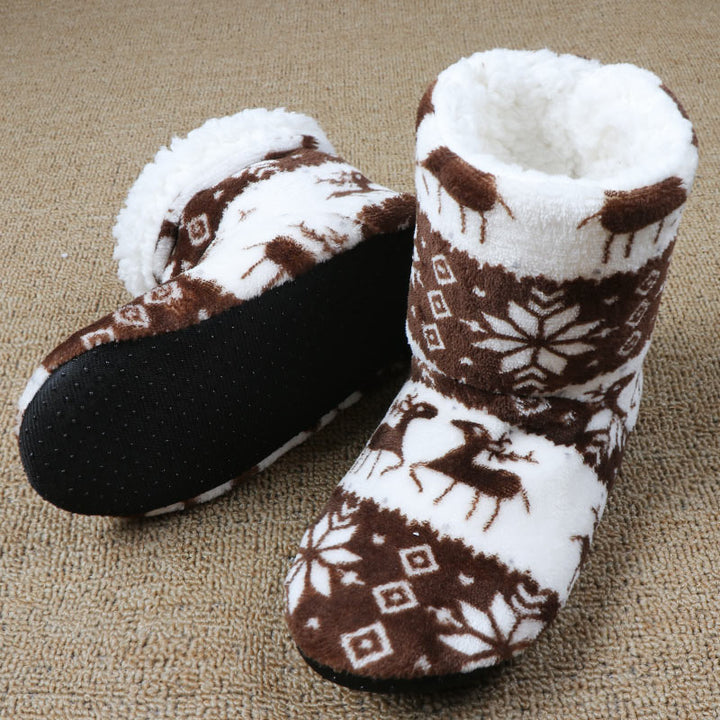 Christmas Elk Floor Sock Slippers in Coral Fleece