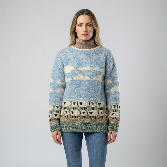Women's Sheep Scene Pullover Sweater with Ribbed Cuffs