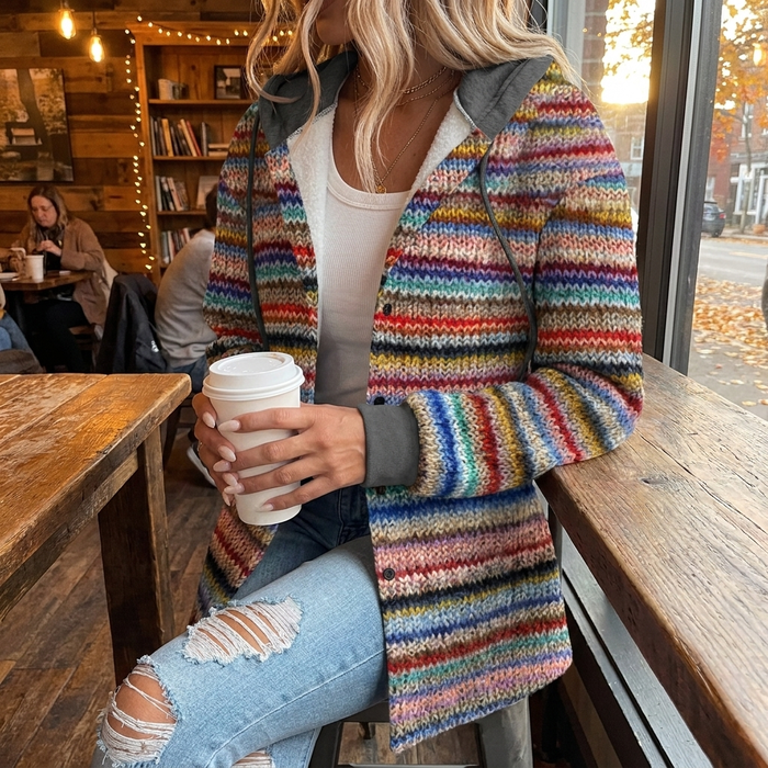 Women's Striped Button-Front Cardigan with Collar
