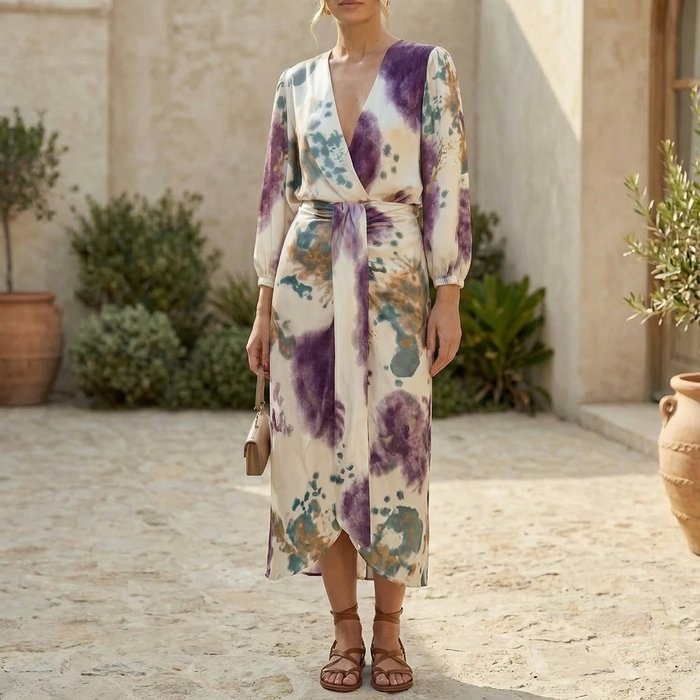 Women's Watercolor Wrap Midi Dress with Tie Waist