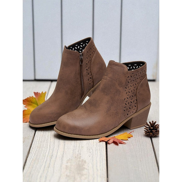 Women's Cutout Ankle Boots with Low Block Heel Side Zip