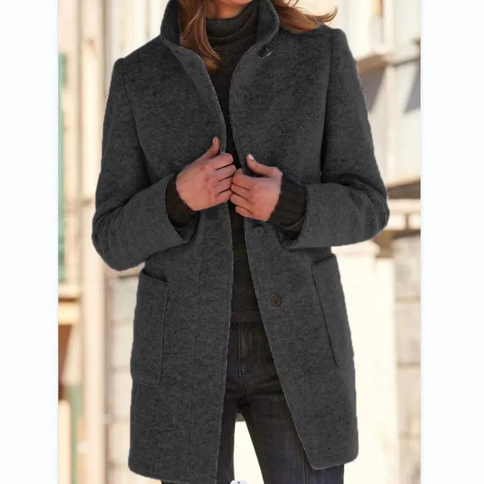Women's Button-Front Coat Stand Collar Long Sleeve