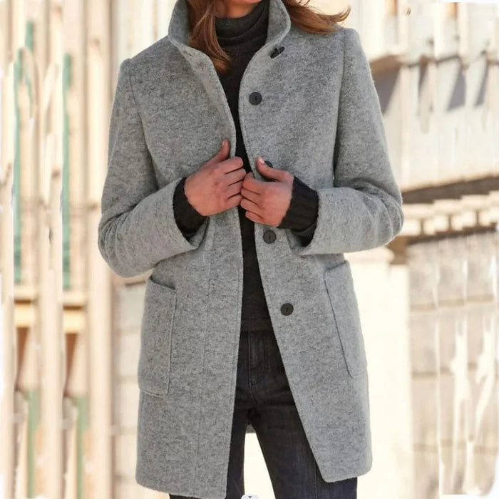 Women's Button-Front Coat Stand Collar Long Sleeve