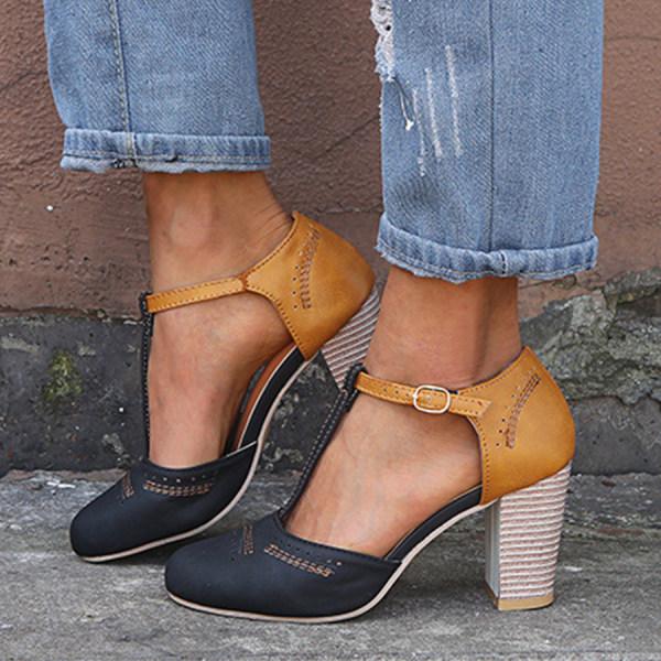 Women's T-Strap Mary Jane Heels with Chunky Block Heel