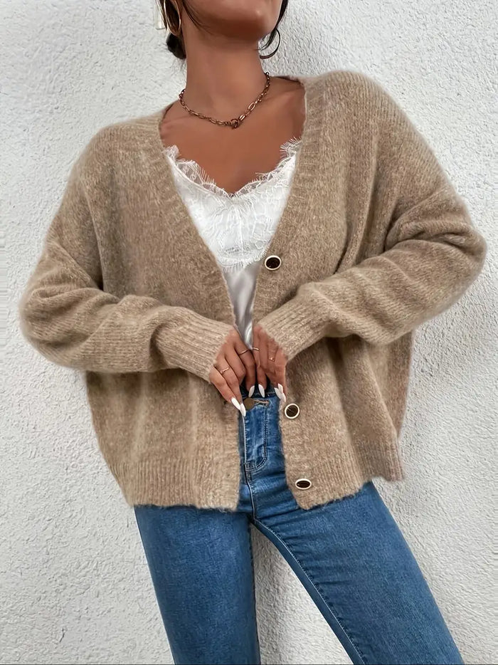 Women's Button-Front Cardigan with V-Neck and Dropped Shoulders