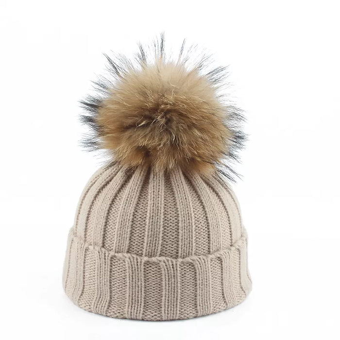Ribbed Knit Beanie with Faux Fur Pom-Pom