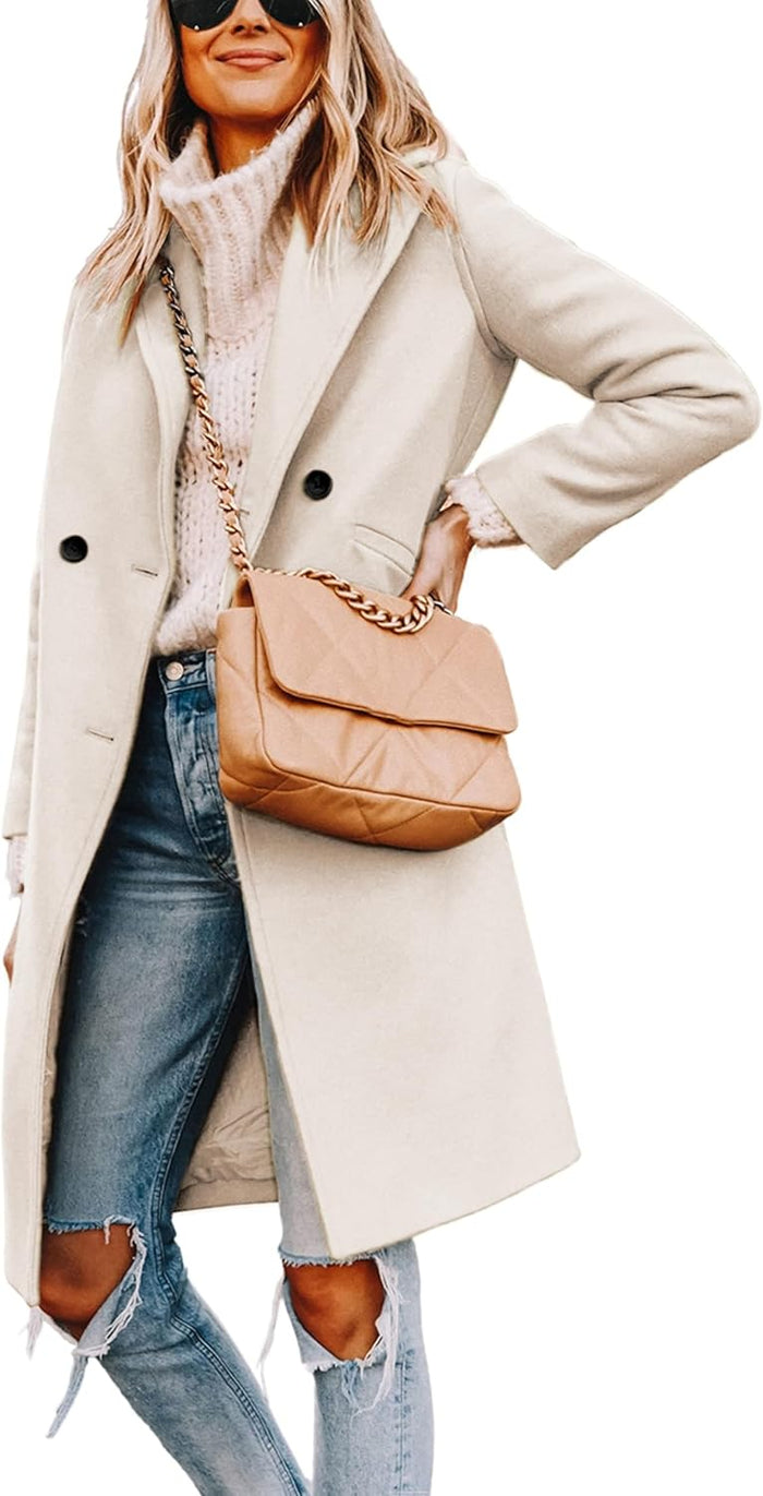 Women's Double-Breasted Wool-Blend Long Coat Notch Lapel