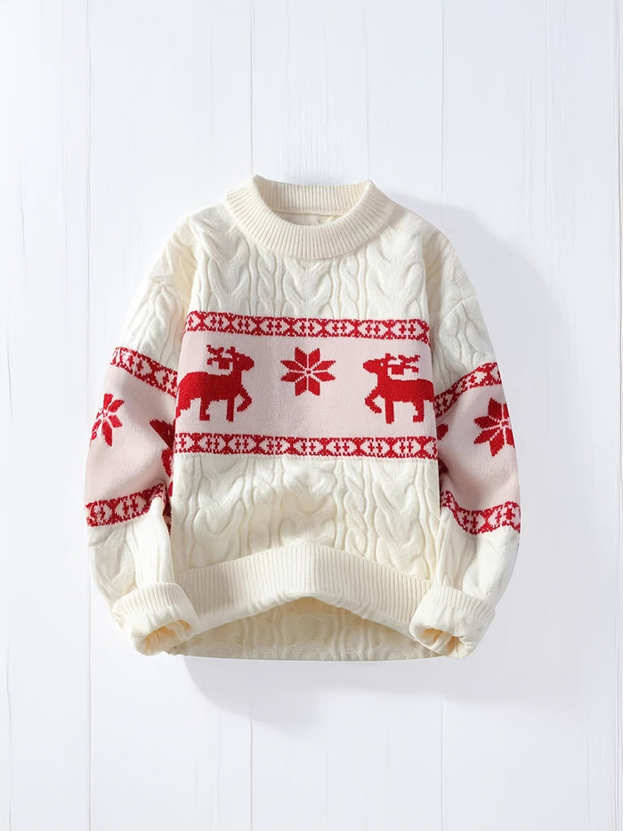 Cable-Knit Reindeer Sweater with Snowflake Pattern