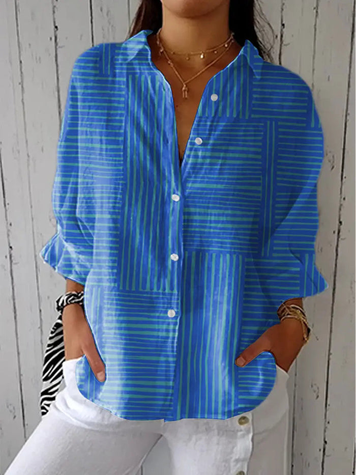 Women's Striped Button-Front Blouse with Long Sleeves