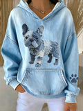 Blanca - Striped Hoodie with French Bulldog and Denim Patch for Women