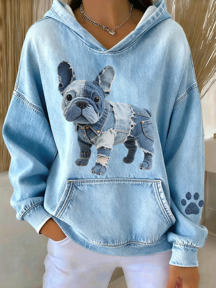 Blanca - Striped Hoodie with French Bulldog and Denim Patch for Women