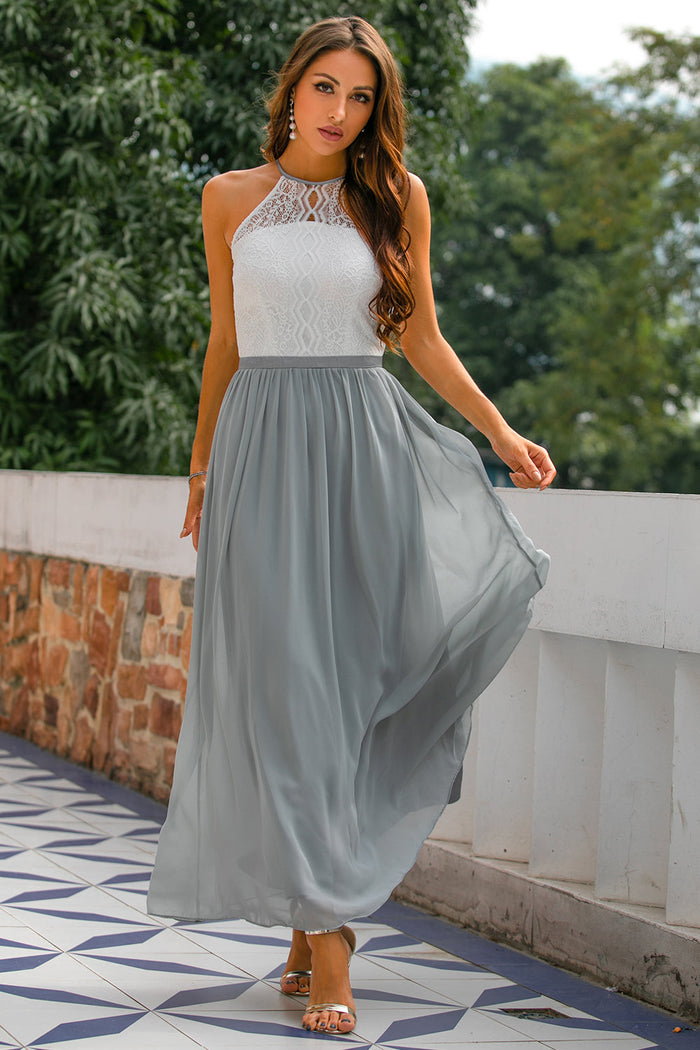 Women's Lace Halter Maxi Dress with Open Back