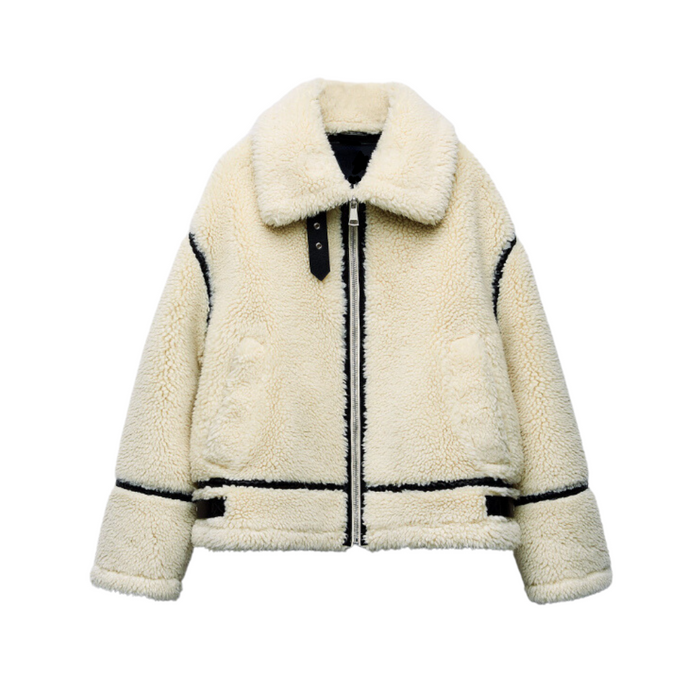 Women's Oversized Teddy Aviator Jacket with Zip Front