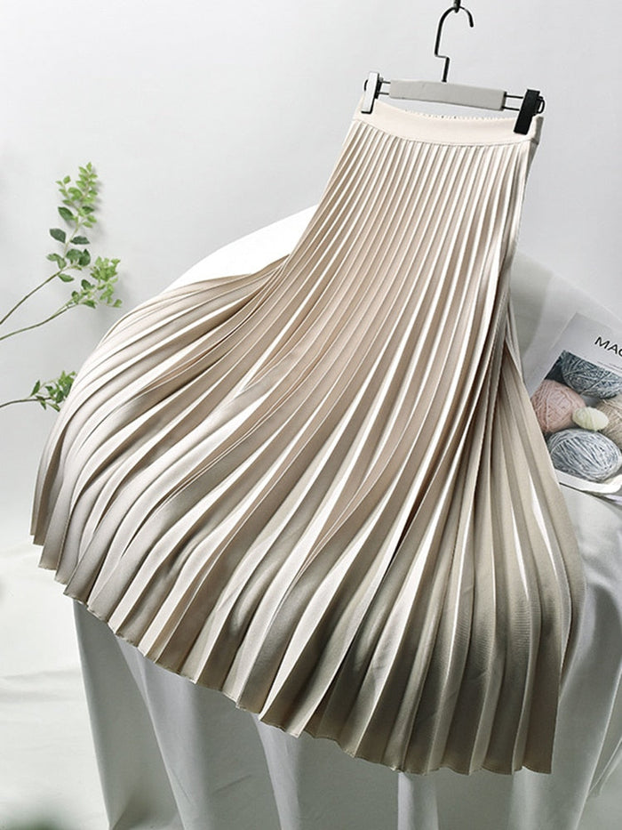 Women's High Waist Pleated Midi Skirt with Elastic Band
